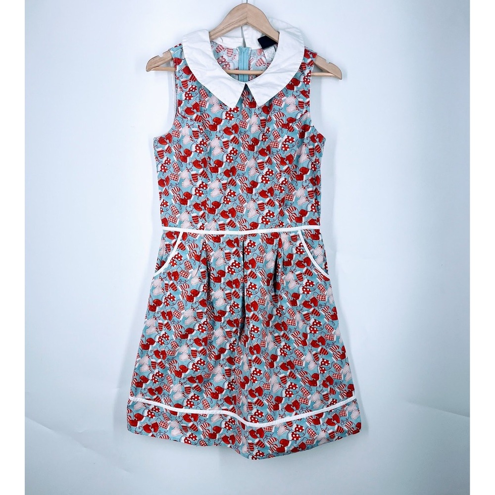 Retro‎ Licious Girls Blue Red Mitten Print Peter Pan Collar Cotton Dress Size XL